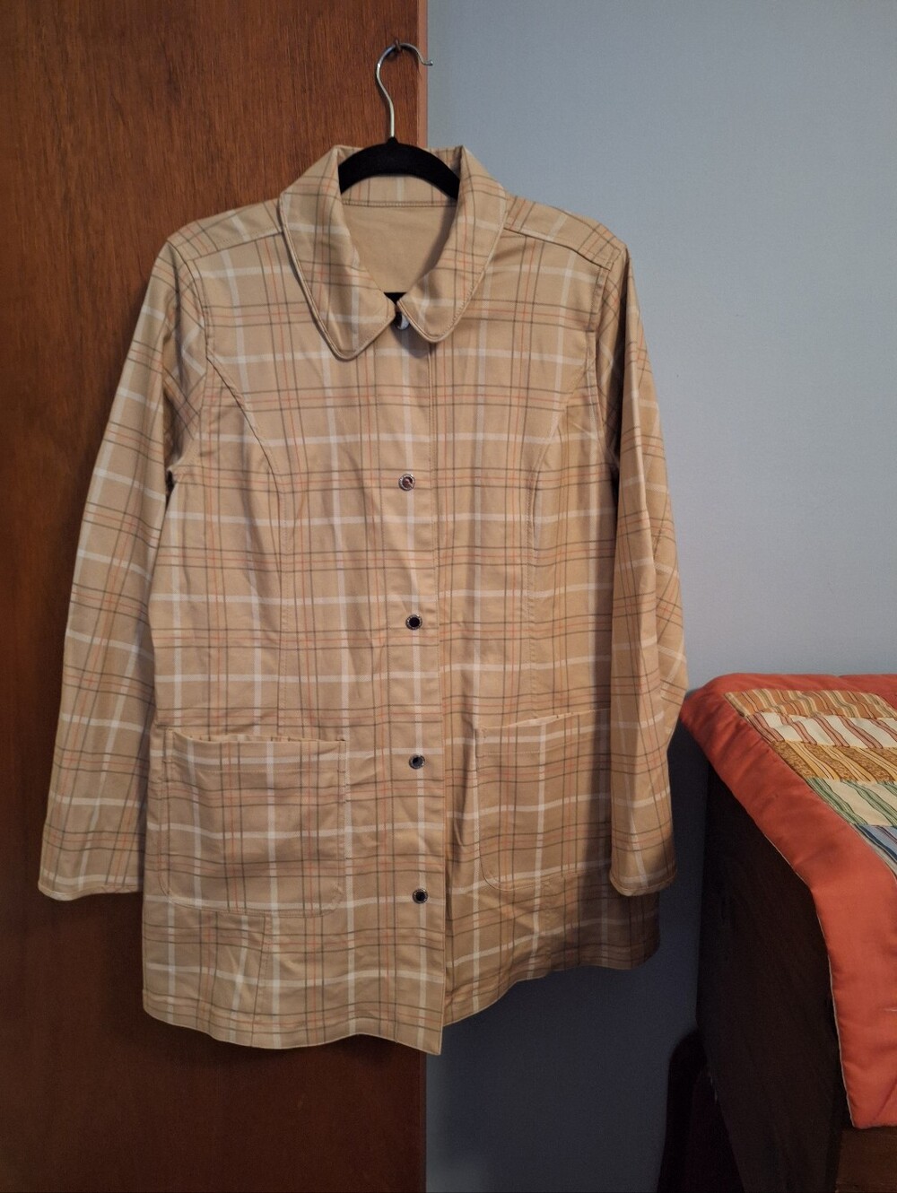 Isaac Mizrahi Beige Plaid Jacket Water Repellent/Reversible Women's Size 12